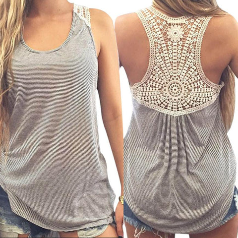 Summer Ladies Stylish Vest Back Lace Patchwork Casual Sleeveless O-Neck Tops