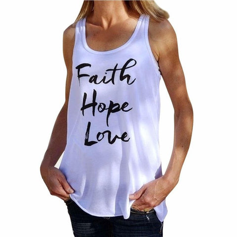 Women Shirt Faith Hope Love Letter Pattern Round Neck Tank Sleeveless Tops Summer Soft Cotton T-shirt#LSN