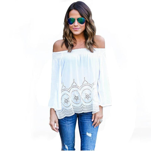 Sexy Strapless Women T-Shirt White Lace Slash Neck Lady Shirt Fashion Embroidered Long Sleeve Tops