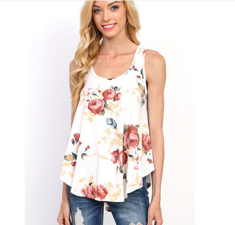 Women Loose Round Neck T Shirt Crisscross Back Sleeveless Tank Tops Flower Lady Summer Vest