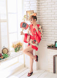 Women Short Kimono Robe | Apricot Flowers Patterned Japanese Traditional Style Gown Sauna Robe for Night Club