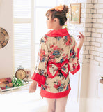 Women Short Kimono Robe | Apricot Flowers Patterned Japanese Traditional Style Gown Sauna Robe for Night Club