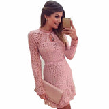 Women Sexy Pink Hollow Lace Long Sleeve Slim Dress Party Evening Dress