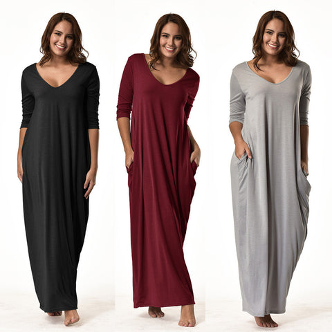 Women Fashion | Plus Size Party Dress | 3/4 Sleeve V-Neck Casual Long Loose