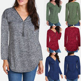 Womens Loose Fitting Zip Up V Neck Long Sleeve Tops Tunic Casual Shirt Blouse