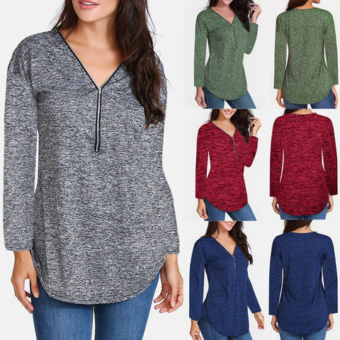 Womens Loose Fitting Zip Up V Neck Long Sleeve Tops Tunic Casual Shirt Blouse