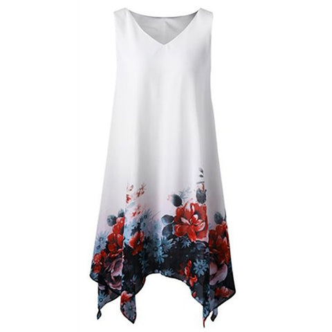 Women Plus Size Floral Print Chiffon Sleeveless Irregular Hem Mini Dress