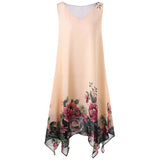 Women Plus Size Floral Print Chiffon Sleeveless Irregular Hem Mini Dress